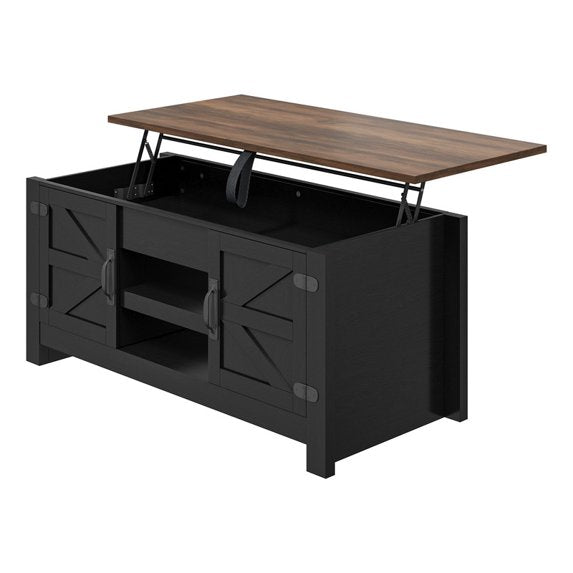 Sonergra Lift Top Coffee Table with Storage, Farmhouse Living Room Table with Charging Station & Barn Doors, Black