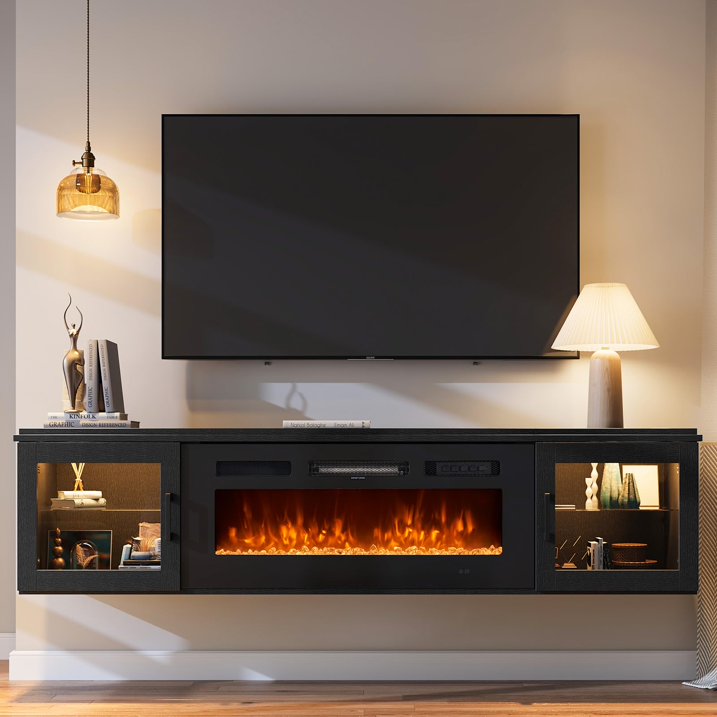 Sunmthink Floating TV Stand with 36" Electric Fireplace, High Gloss Finish Wall Mounted Fireplace Entertainment Center with Storage for TVs Up to 80", Black
