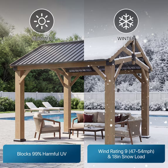 Sunmthink 10' x 10' Wood Frame Gazebo, Hardtop Gazebo with Galvanized Steel, Permanent Wooden Pavilion for Patio Backyard Lawn Garden