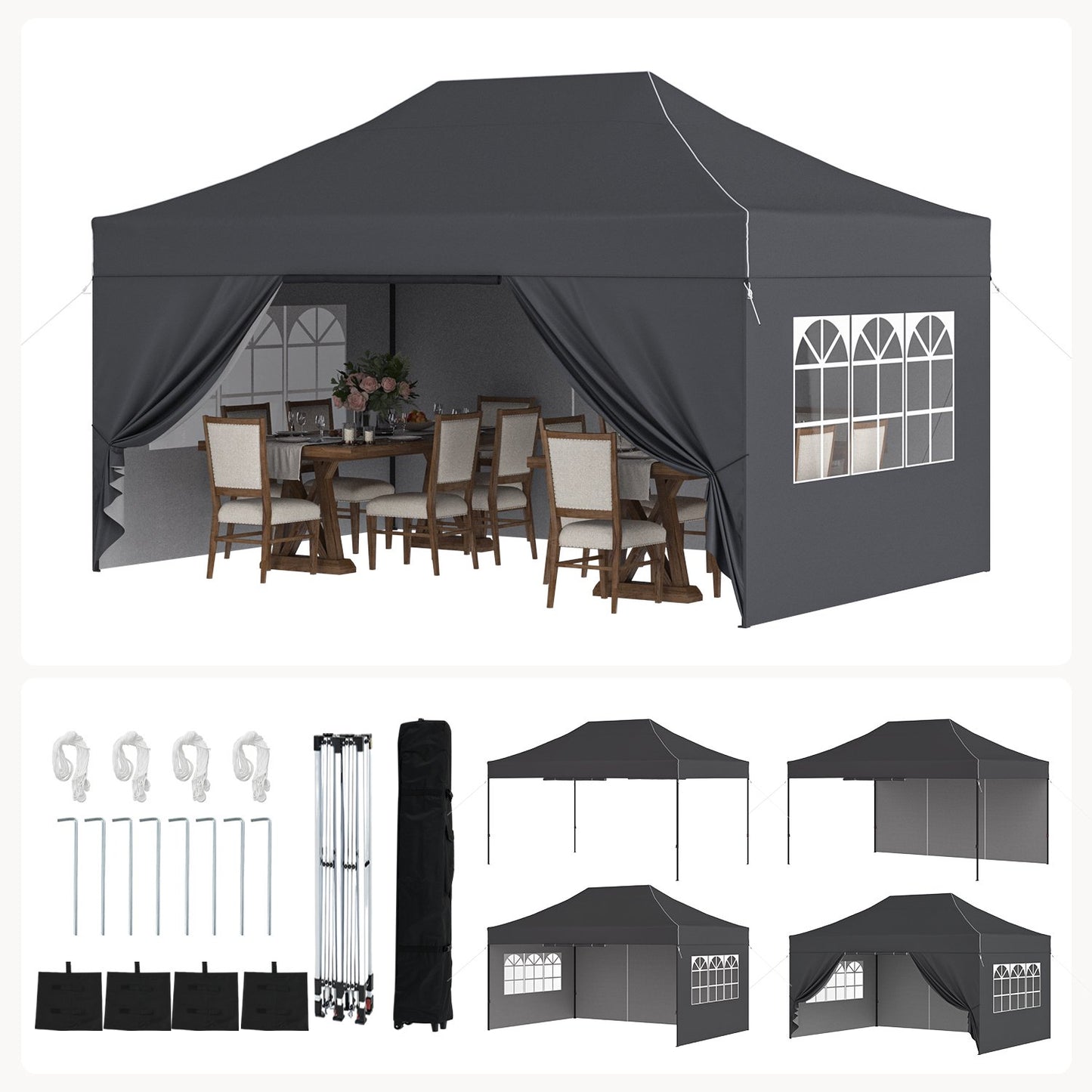Clouddwell 10'x15' Pop Up Canopy Tent with Removable Sidewalls, Adjustable Height Instant Outdoor Canopy, Portable Sun Shade Shelter with 4 Sandbags, Easy Setup for Events, Parties, Dark Gray