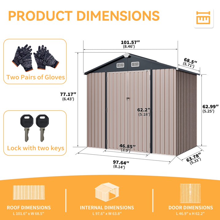 Sunmthink 6X8FT Outdoor Storage Shed with Plastic Floor, Metal Tool Shed with Lockable Door and Vents, Patio Shed for Garden, Backyard, Poolside, Brown