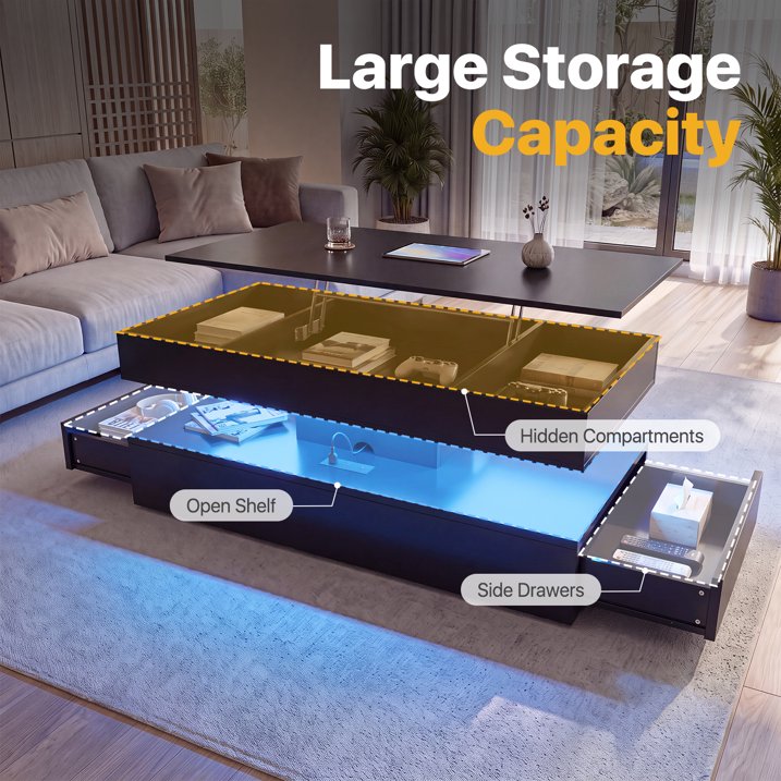 Sonegra 47" High-Glossy LED Lift Top Coffee Table with 2 Sliding Drawers, Large Open Storage Space & Ambient LED Lighting, Modern Double-Layer Livingroom Table, Black