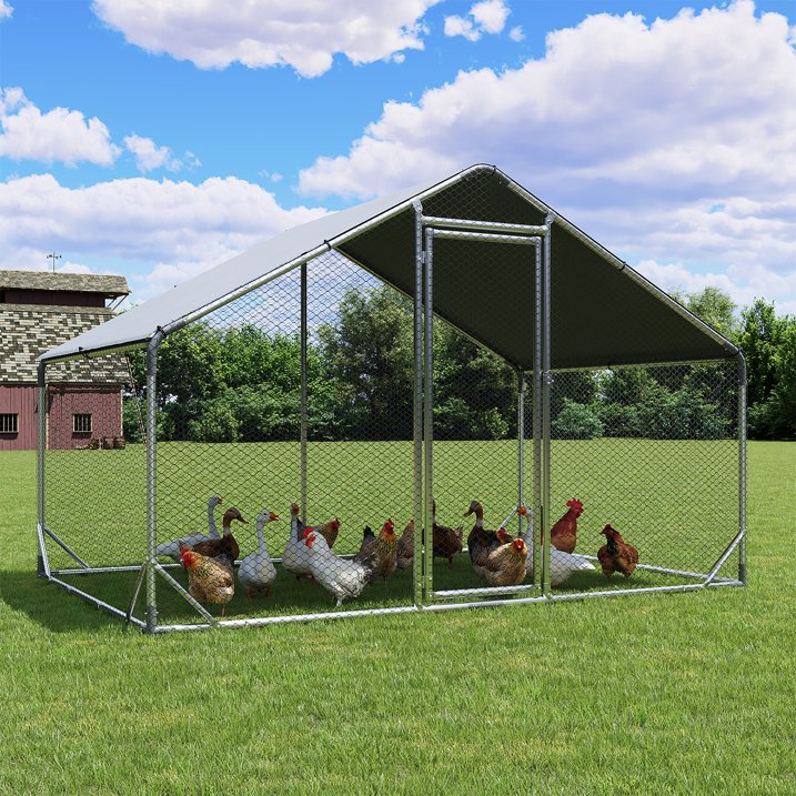 Sunmthink Heavy Duty Metal Chicken Coop Poultry Cage, Large Outdoor Yard Walk-in Enclosure with Waterproof Flat Roof Cover (9.8' L x 6.6' W x 6.4' H)