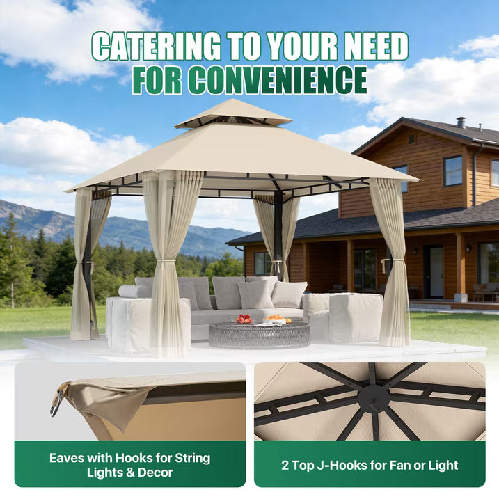 LazySunsets 10'x 10' Patio Gazebo Double Roof Protection All-Weather Outdoor Shelter Features Insect Screens for Backyard, Lawn, (Beige)