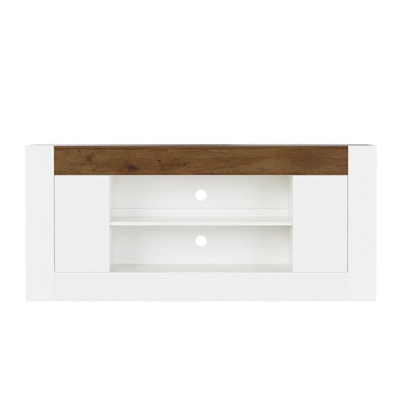 Sonergra Two‑Tone Modern Farmhouse TV Stand for TVs up to 80 Inch 70 Inch Wood Entertainment Center with Cabinets Open Shelves and Cable Holes for Living Room,White