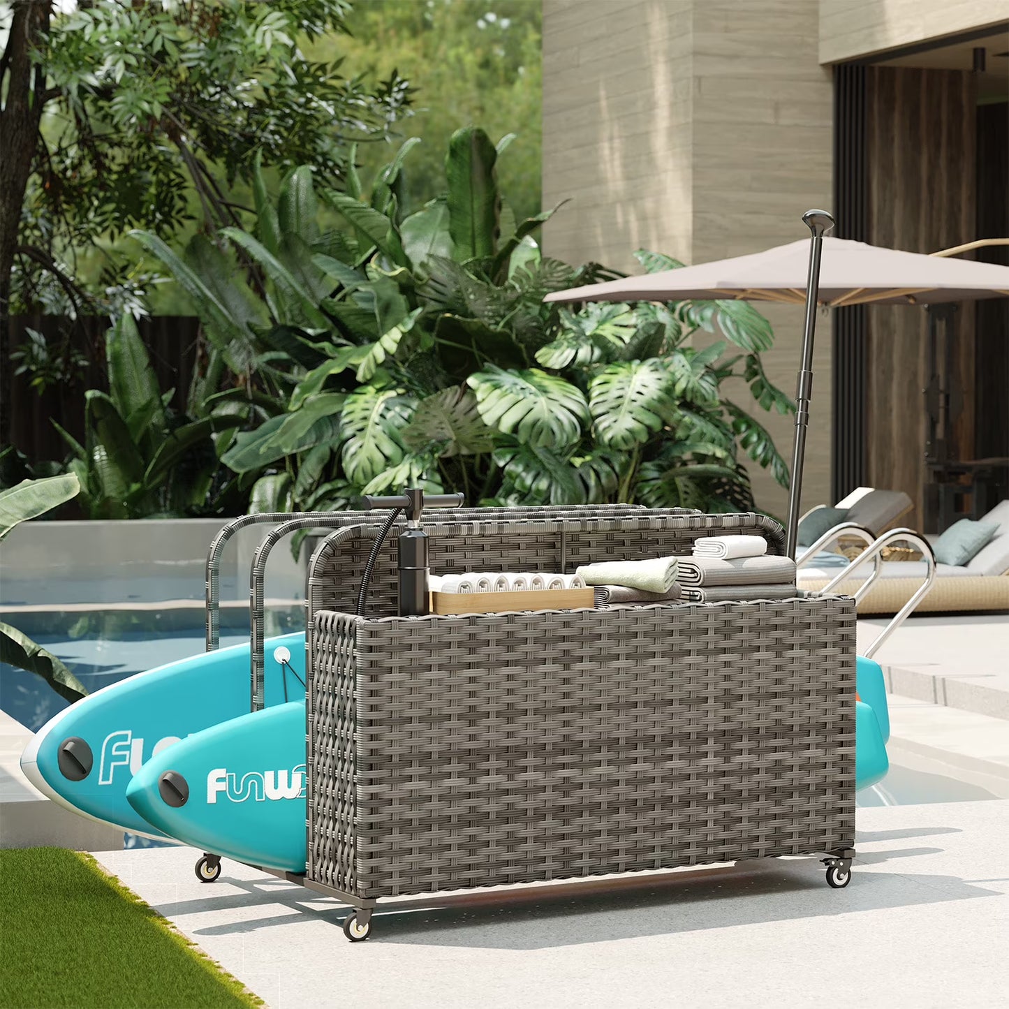Clouddwell 3-Layer Outdoor PE Wicker Rattan Patio & Poolside Storage Basket with Rolling Wheels, Gray