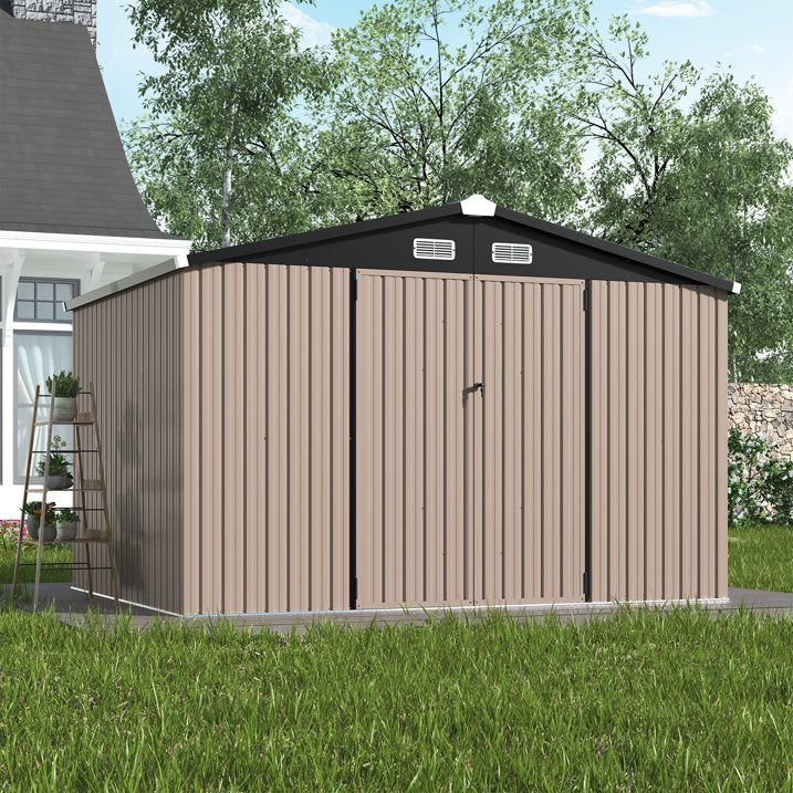 Clouddwell 9.5x7.5ft Galvanized Steel Storage Shed with Floor & Double Doors - Brown