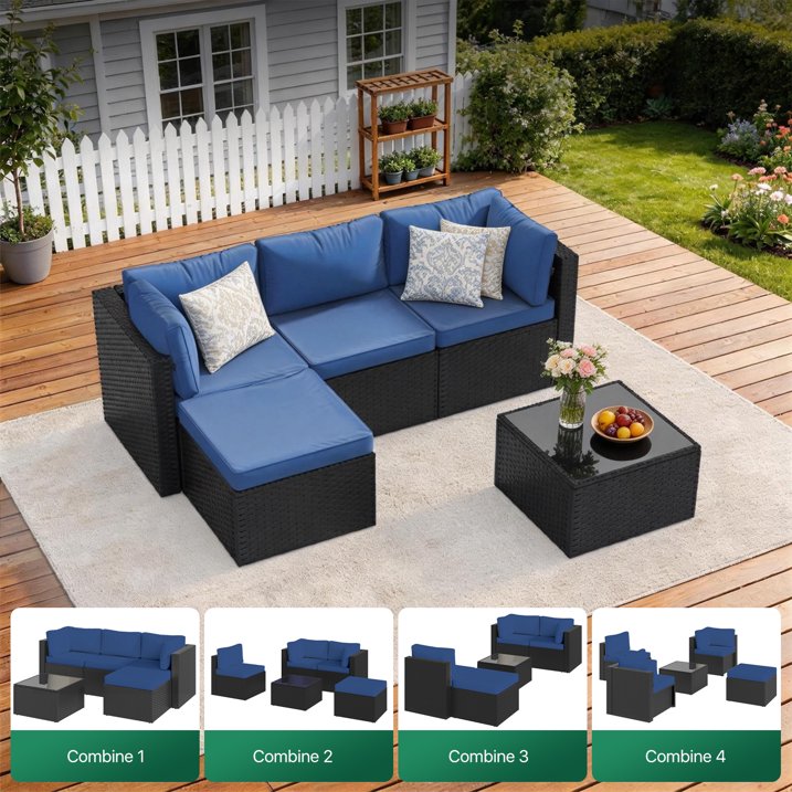 Clouddwell 3 Pieces Patio Furniture Set, All-Weather Wicker Rattan Patio Sectional Sofa Set with Coffee Table and Waterproof Cover(Navy Blue)