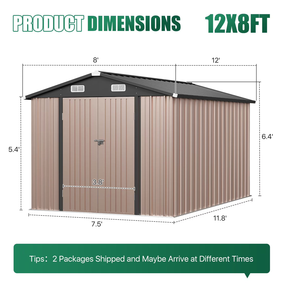 Clouddwell 8 x 12FT Shed Outdoor Storage Shed with Double Hinged Large Door, Large Metal Shed with Lockable Door & Sloped Roof for Garden, Backyard, Patio and Backyard, Brown