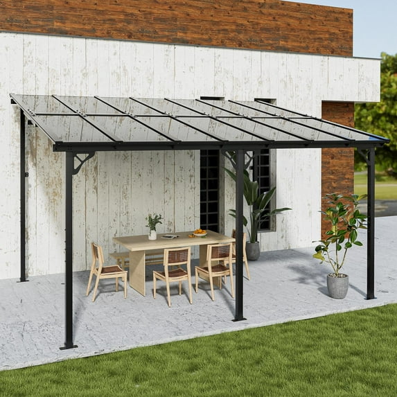 Sunmthink 10'x14' Hardtop Gazebo, Outdoor Wall-Mounted Aluminum Pergola with Sun Panels for Garden, Patio, Backyard, Gray