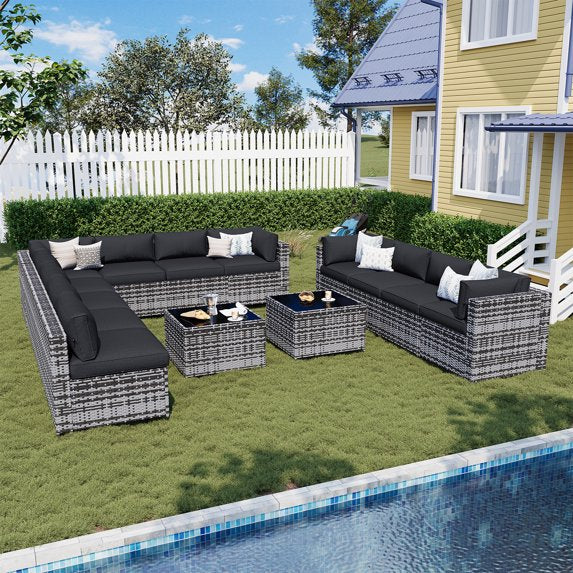 Sunmthink Patio Furniture Sets, 14-Piece Outdoor Patio Furniture with Thick Cushions, Wicker Outdoor Conversation Set and Waterproof Cover for Backyard, Poolside, Garden