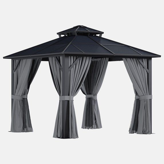 Clouddwell 10'x10' Hardtop Gazebo - Polycarbonate Double Roof with Netting & Curtains for Patio, Garden Sun Protection,Gray