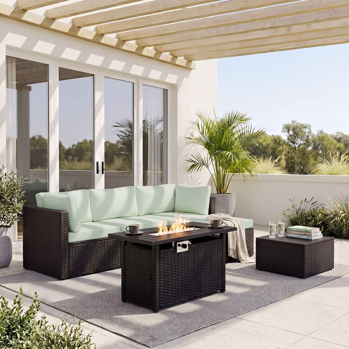 Dateyes 6 Pieces Patio Furniture Set with Fire Pit, All-Weather Wicker Rattan Patio Sectional Sofa Set with Fire Pit Table and Waterproof Cover(Light Green)
