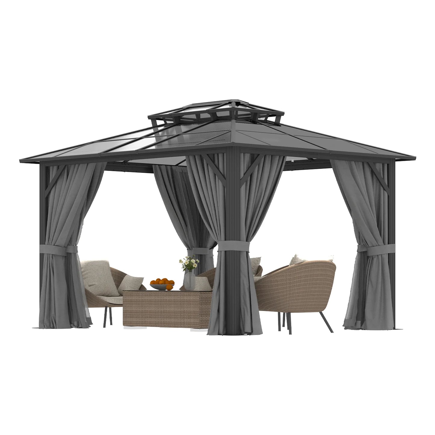 Sunmthink 10' x 12' Hardtop Gazebo,Polycarbonate Double Roof,Aluminum Frame with Curtains and Netting for Patio,Garden,Gray