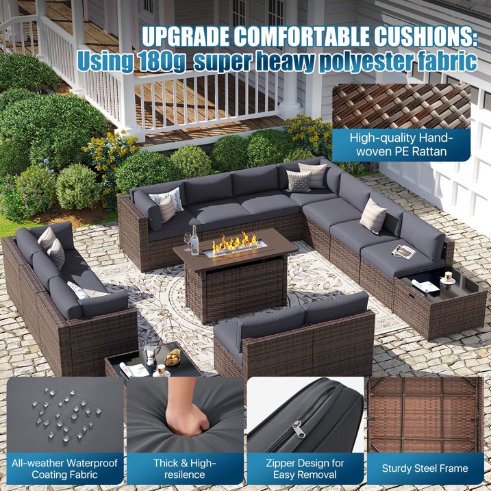 Sunmthink Patio Furniture Sets, 15-Piece Outdoor Patio Furniture with 44'' Propane Gas Firepit Table, Wicker Outdoor Conversation Set and Waterproof Cover for Backyard, Poolside, Garden
