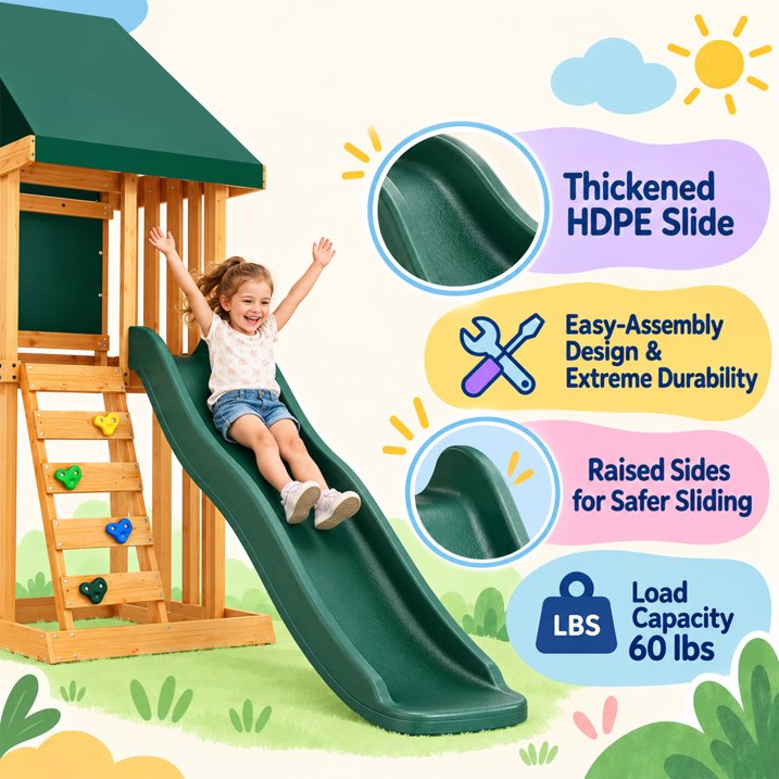 Clouddwell Backyard Wooden Swing Set – Outdoor Playground with Slide, Play Deck, Rock Wall Ladder, Belt Swings & Chalkboard