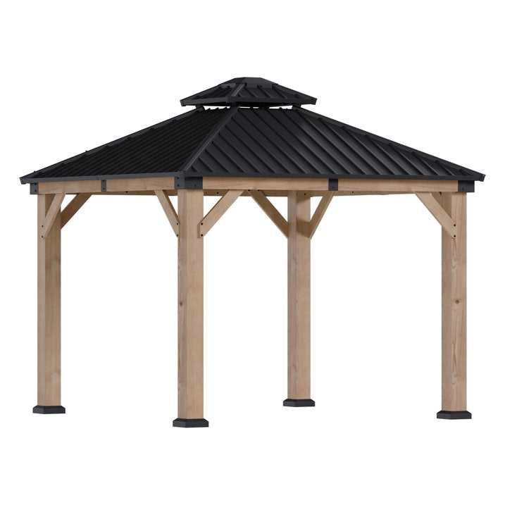 Sunmthink 10'x10' Outdoor Hardtop Gazebo, Cedar Wood Pavilion with Galvanized Steel Double Roof, for Patio, Garden, Deck