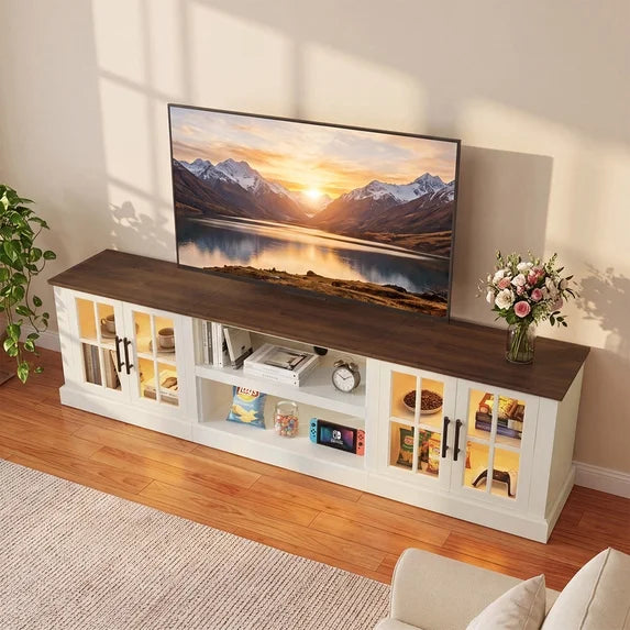 Sonegra 80" TV Stand for TVs up to 90 Inch, Farmhouse Media Console with LED Lights, Glass Cabinet Doors, Open Storage Shelves, Cable Management,White