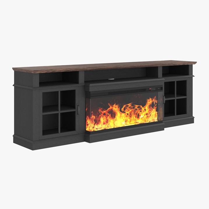 Sonegra 80 inch Fireplace TV Stand for TVs up to 90" with Electric Fireplace, Farmhouse Entertainment Center with LED Lights and Glass Door, Modern TV Consoles for Living Room, Black