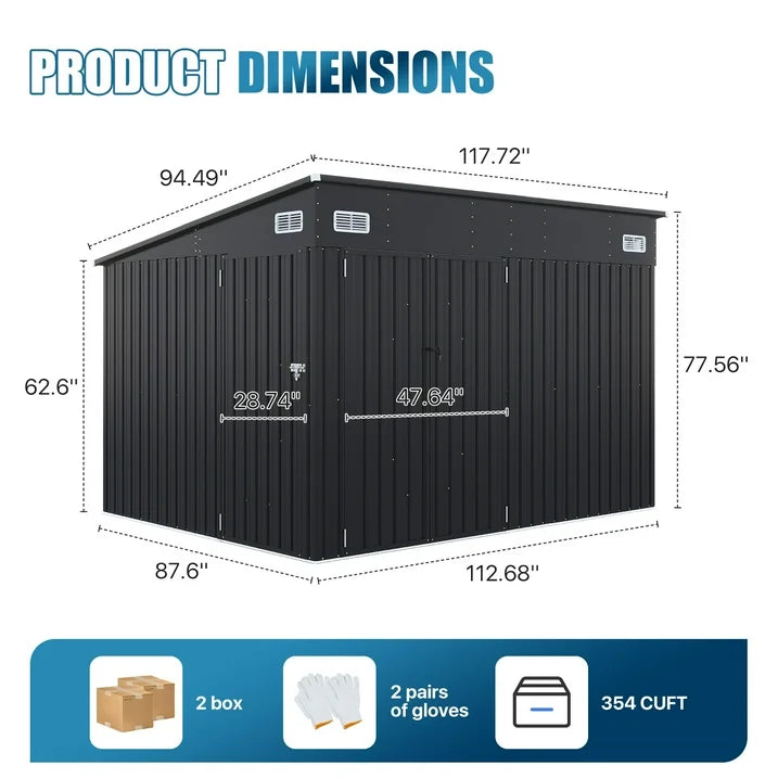 Sunmthink 10' x 8' Metal Storage Shed with Triple Doors, Lockable Lean-to Design & Vents, Black