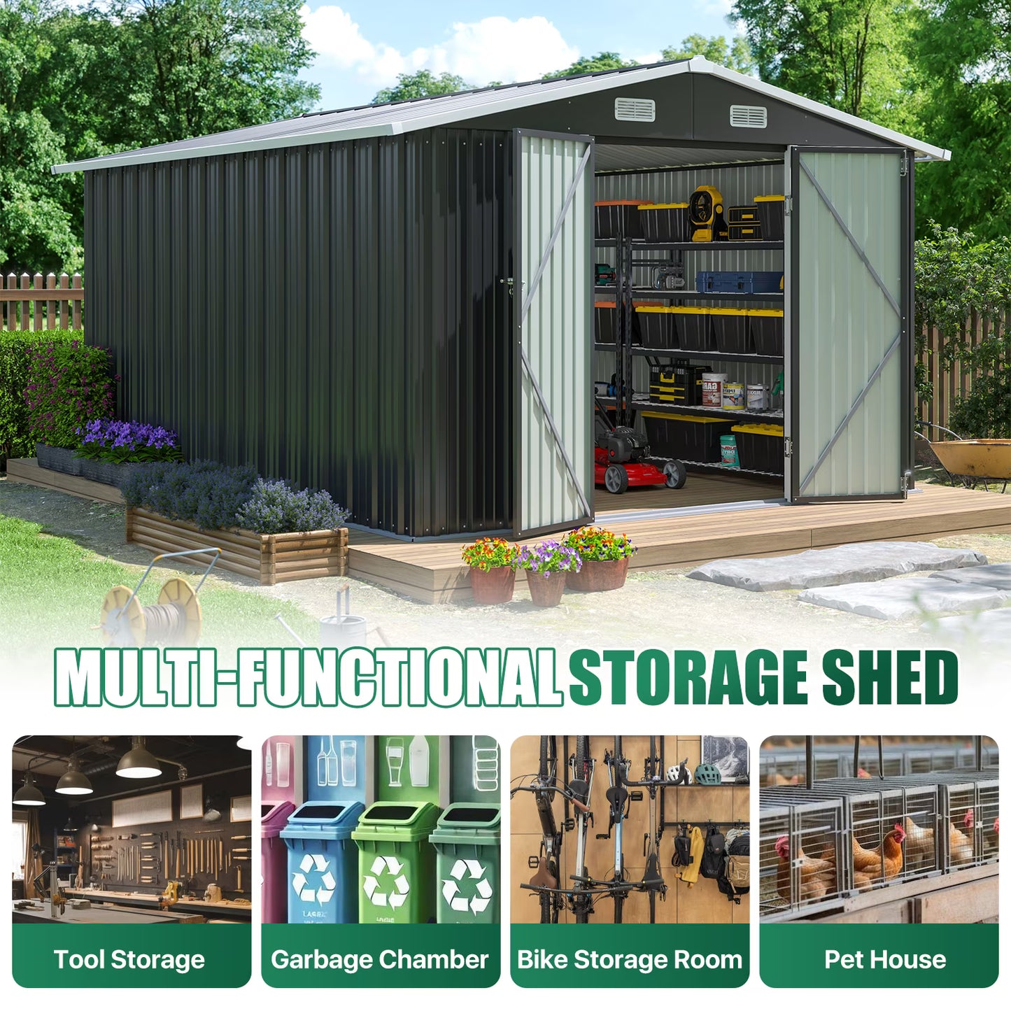 Clouddwell 10x12 ft. Metal Storage Shed, Waterproof Steel Garden Shed with Lock, Black