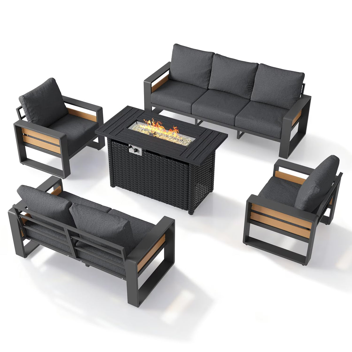 Dateyes 7-Seats Aluminum Patio Furniture Set with 6" Olefin Fabric Cushions, Outdoor Metal Conversation Set with Fire Pit, Dark Gray