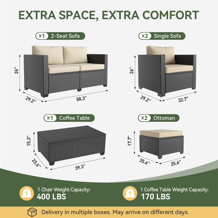 ClouddWell 4 Seat Outdoor Patio Furniture Set, Patio Conversation Sets with Thick Waterproof Cushions & Storage Coffee Table(Beige)