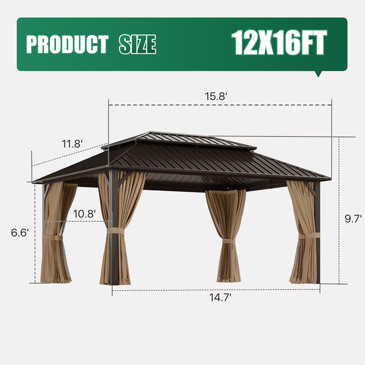 Dateyes 12x16 FT Outdoor Hardtop Gazebo, Aluminum Frame Gazebo with Removable Mesh Walls and Curtains for Patio, Lawns, Brown