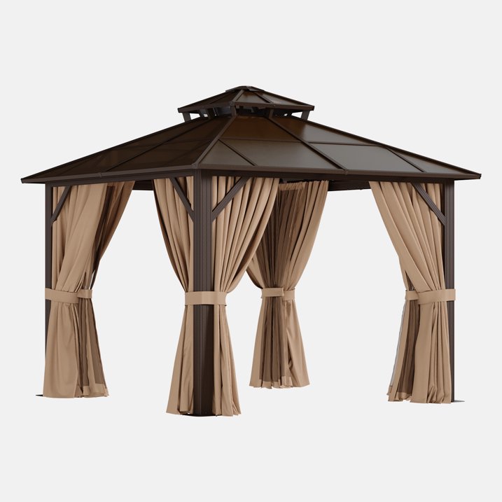 Clouddwell 10'x10' Hardtop Gazebo - Polycarbonate Double Roof with Netting & Curtains for Patio, Garden Sun Protection,Brown