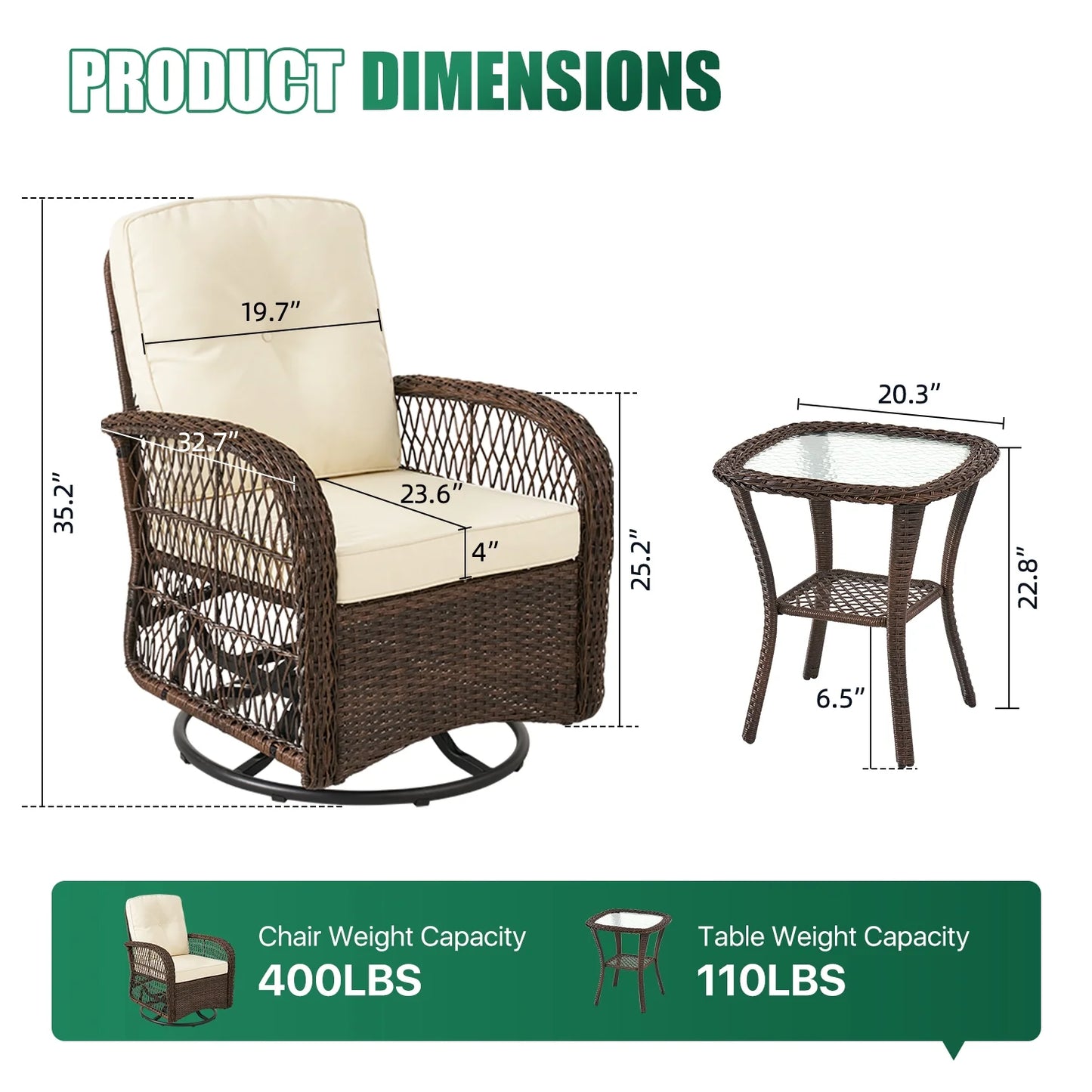 3 Piece Patio Swivel Rocker Wicker Rattan Patio Conversation Set Outdoor Sectional Sofa Set with Coffee Table and White Cushions