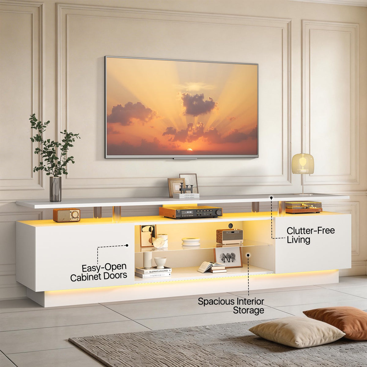 Sonegra 80" High-Gloss TV Stand with 2 Side Cabinets, Modern TV Console with LED Lights, Gaming Media Cabinet with Adjustable Glass Shelf, Remote & APP Control, Black