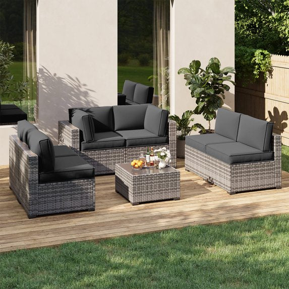 Clouddwell 14-Piece Premium Outdoor Cushion Set, High-Resilience Waterproof Cushions for 6-Seat Wicker Sectional, Comfort Upgrade (Dark Gray)