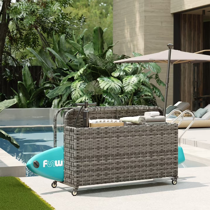 Clouddwell 2-Layer Outdoor PE Wicker Rattan Patio & Poolside Storage Basket with Rolling Wheels, Gray