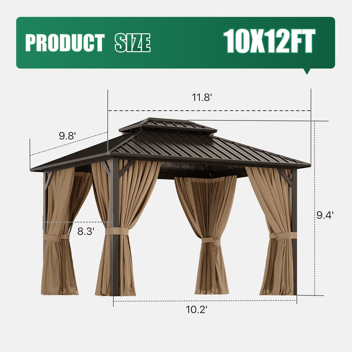Dateyes 12x10 FT Outdoor Hardtop Gazebo, Aluminum Frame Gazebo with Removable Mesh Walls and Curtains for Patio, Lawns, Brown