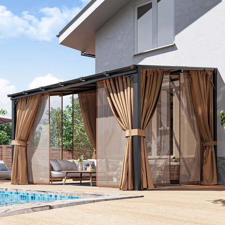 Aoxun 10'x12' Lean to Gazebo with Mosquito Net and Curtains, Aluminum Frame, Polycarbonate Panel, Wall Mounted Pergola with Sloped Roof for Backyard, Porch, Deck