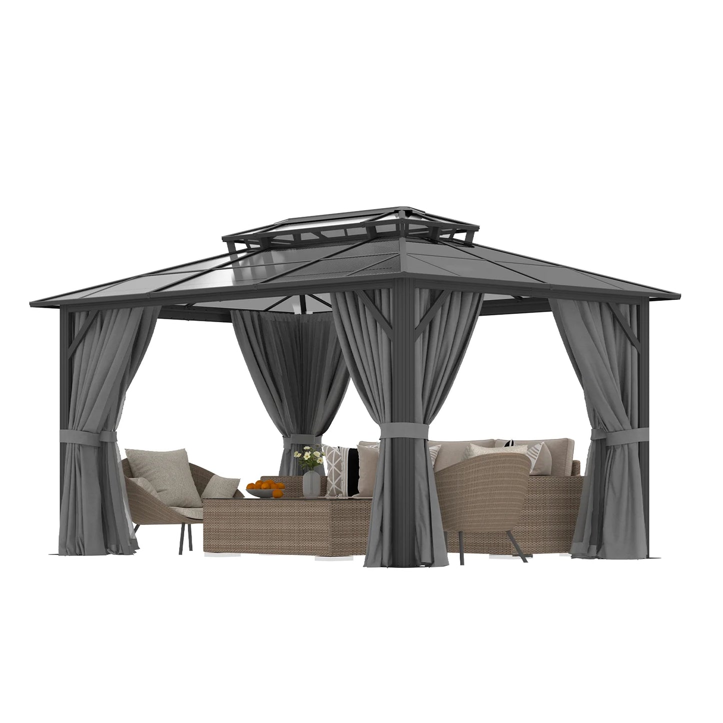 Sunmthink 10' x 14' Hardtop Gazebo,Polycarbonate Double Roof,Aluminum Frame with Curtains and Netting for Patio,Garden,Gray