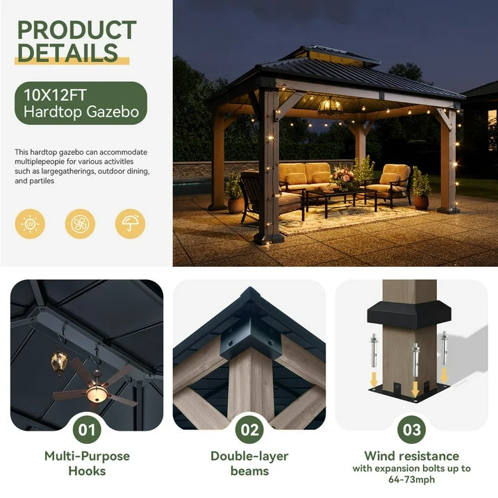 Aoxun 10' x 12' Outdoor Wood Gazebo, Hardtop Gazebo Permanent Wooden Pavilion with Galvanized Steel Double Roof, for Patio, Garden, Deck, Cedar Wood
