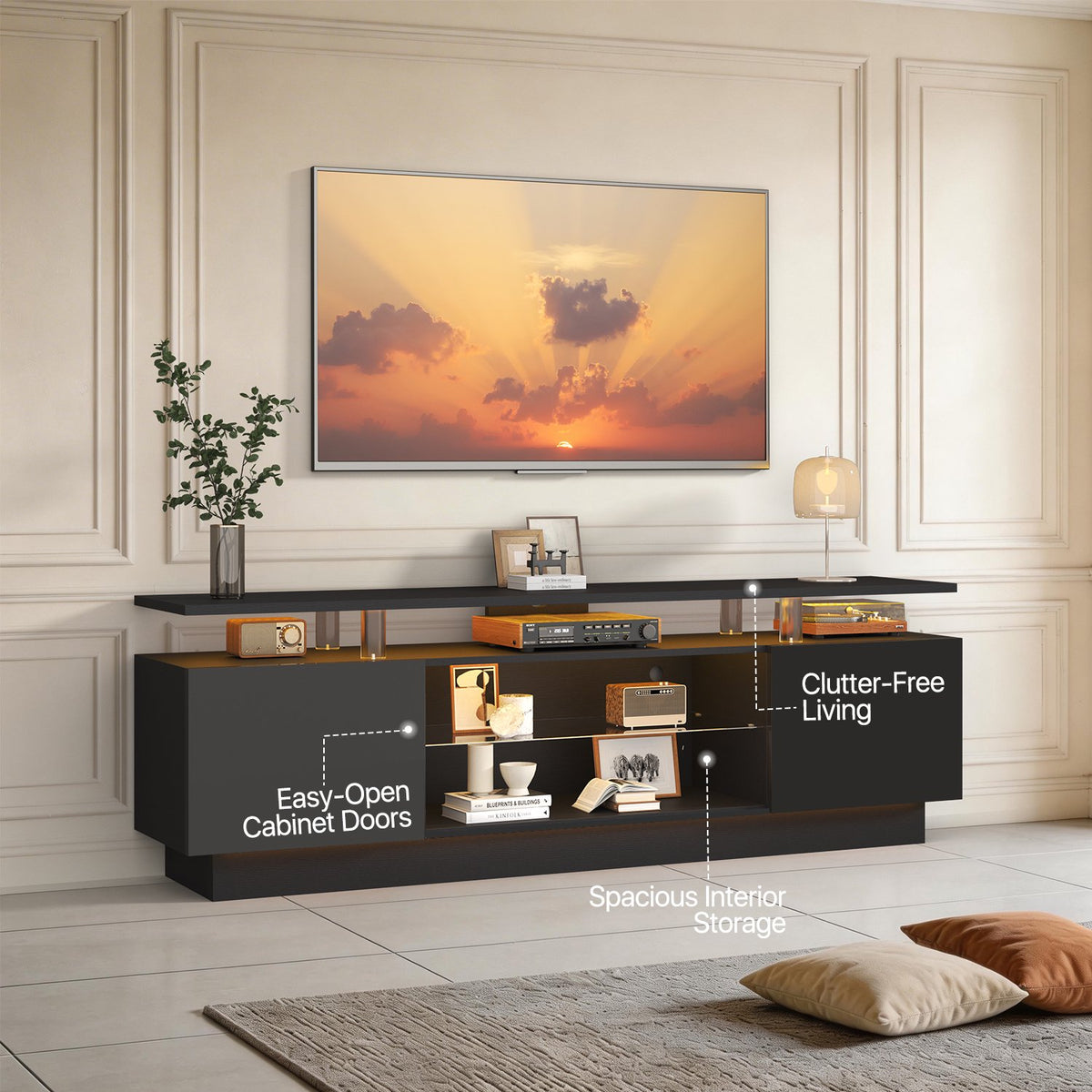 Sonegra 70" High-Gloss TV Stand with 2 Side Cabinets, Modern TV Console with LED Lights, Gaming Media Cabinet with Adjustable Glass Shelf, Remote & APP Control, Black