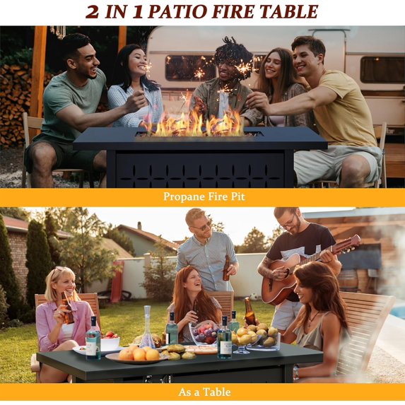 Clouddwell Outdoor 43" 50,000 BTU Propane Gas Fire Pit Table, Ceramic Tabletop and Rattan Weaved Iron Frame, Water-Proof Oxford Cover, Glass Wind Guard