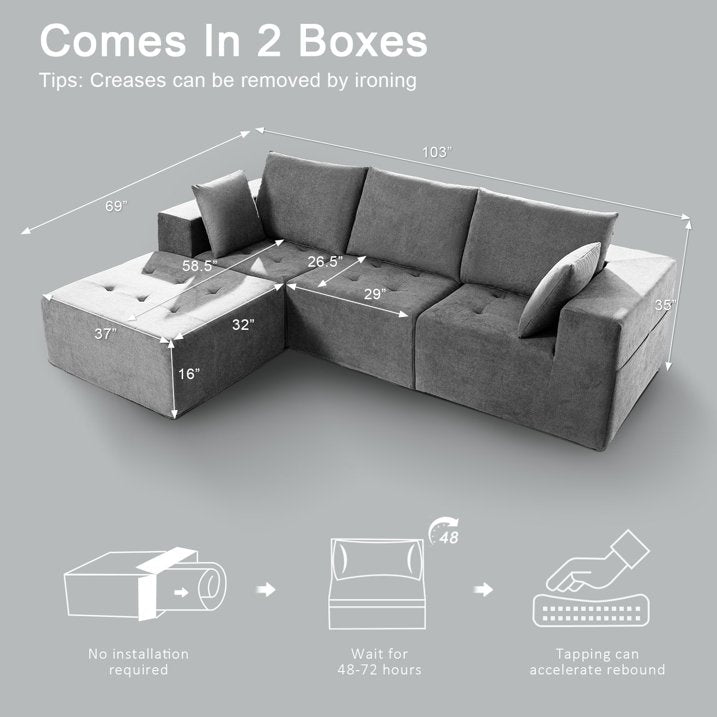 LazySunsets Modular Sectional Boneless Couch, Chenille Tufted Sectional Couches for Living Room, No Assembly L Shape Cloud Sofa with Throw Pillows & Storage Side Pocket (Gray)