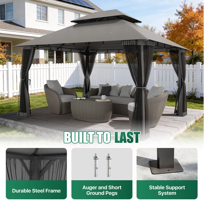 LazySunsets 12'x 10' Patio Gazebo Double Roof Protection All-Weather Outdoor Shelter Features Insect Screens for Backyard, Lawn, (Gray)