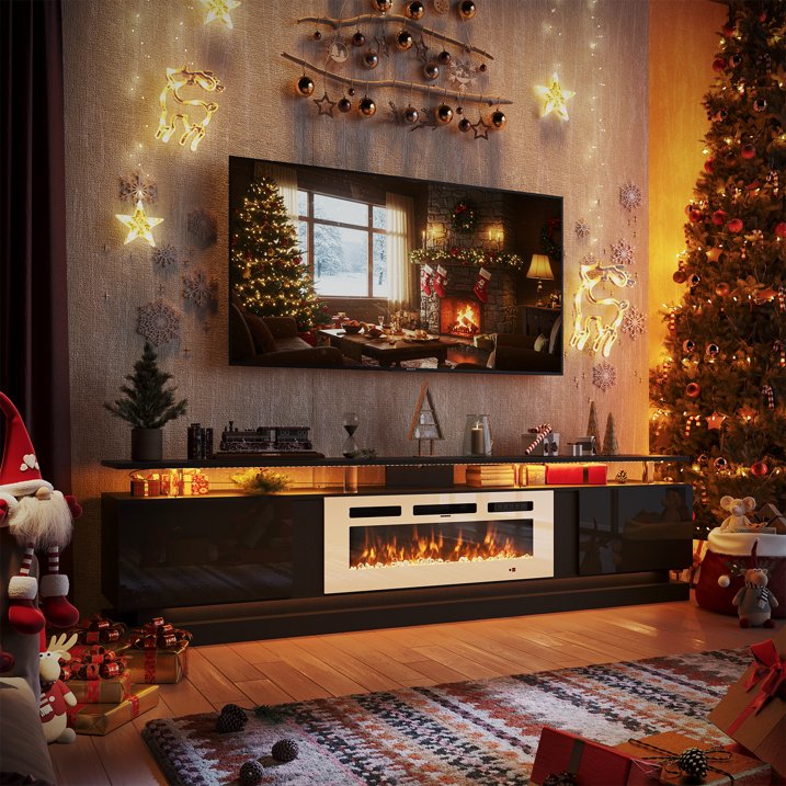 Sonegra Modern Fireplace TV Stand for TVs Up to 90" with Music Sync LED, 80" Entertainment Center with Electric Fireplace, TV Console with Storage Cabinets for Living Room, Black