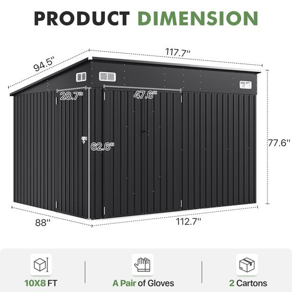 Clouddwell Shed with Triple Doors 9.5x7.4 Ft Galvanized Steel Storage Sheds