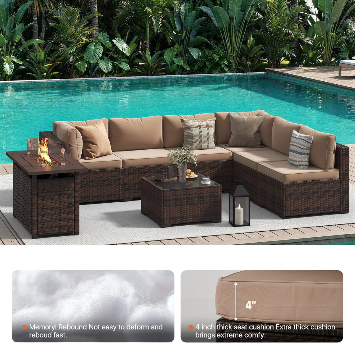 Dateyes 8-Piece Outdoor Patio Furniture Set with 44" Fire Pit Table, All-Weather Wicker Rattan Sectional Sofa with Coffee Table(Beige)