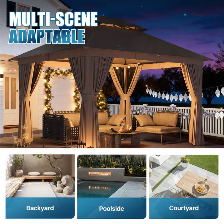 Dateyes 10x12 FT Outdoor Gazebo, Double Roof Patio Shelter with Netting Screens and Privacy Curtains, Heavy-Duty Weatherproof Canopy for Backyard, Deck, and Lawn, Beige