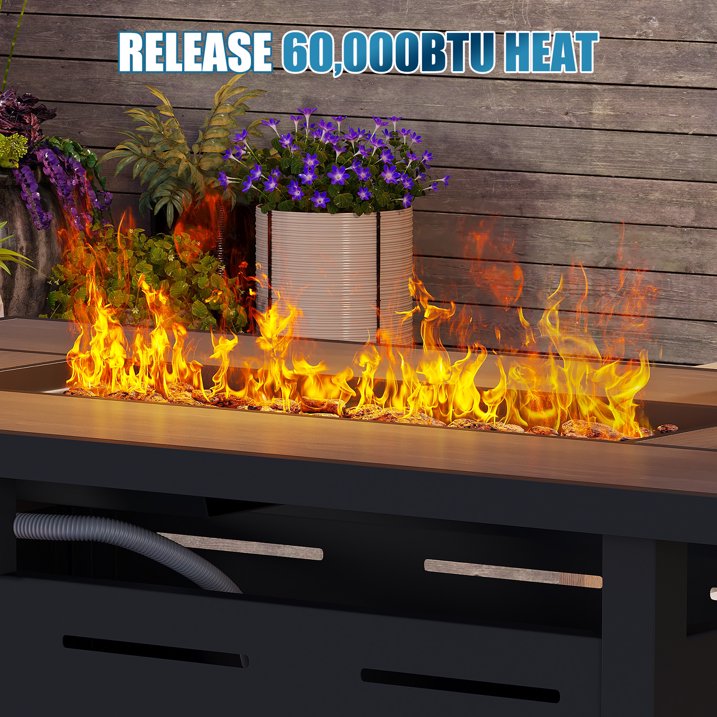 Sunmthink 42 Inch 60,000 BTU Fire Pit Table - Ceramic Tabletop with Lava Rocks & Lid