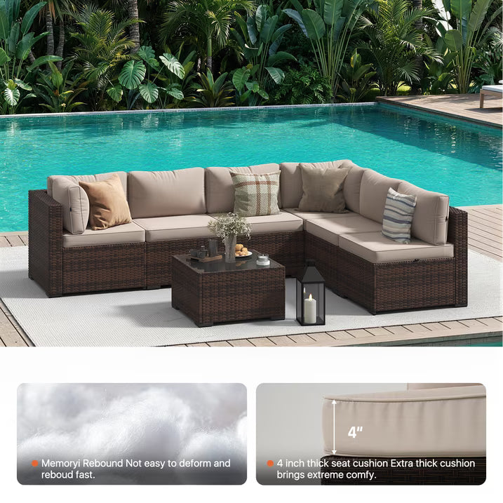 Dateyes 7-Piece Outdoor Patio Sectional Sofa Set, All-Weather Wicker Rattan Furniture with Coffee Table & Waterproof Cover (Off-White)