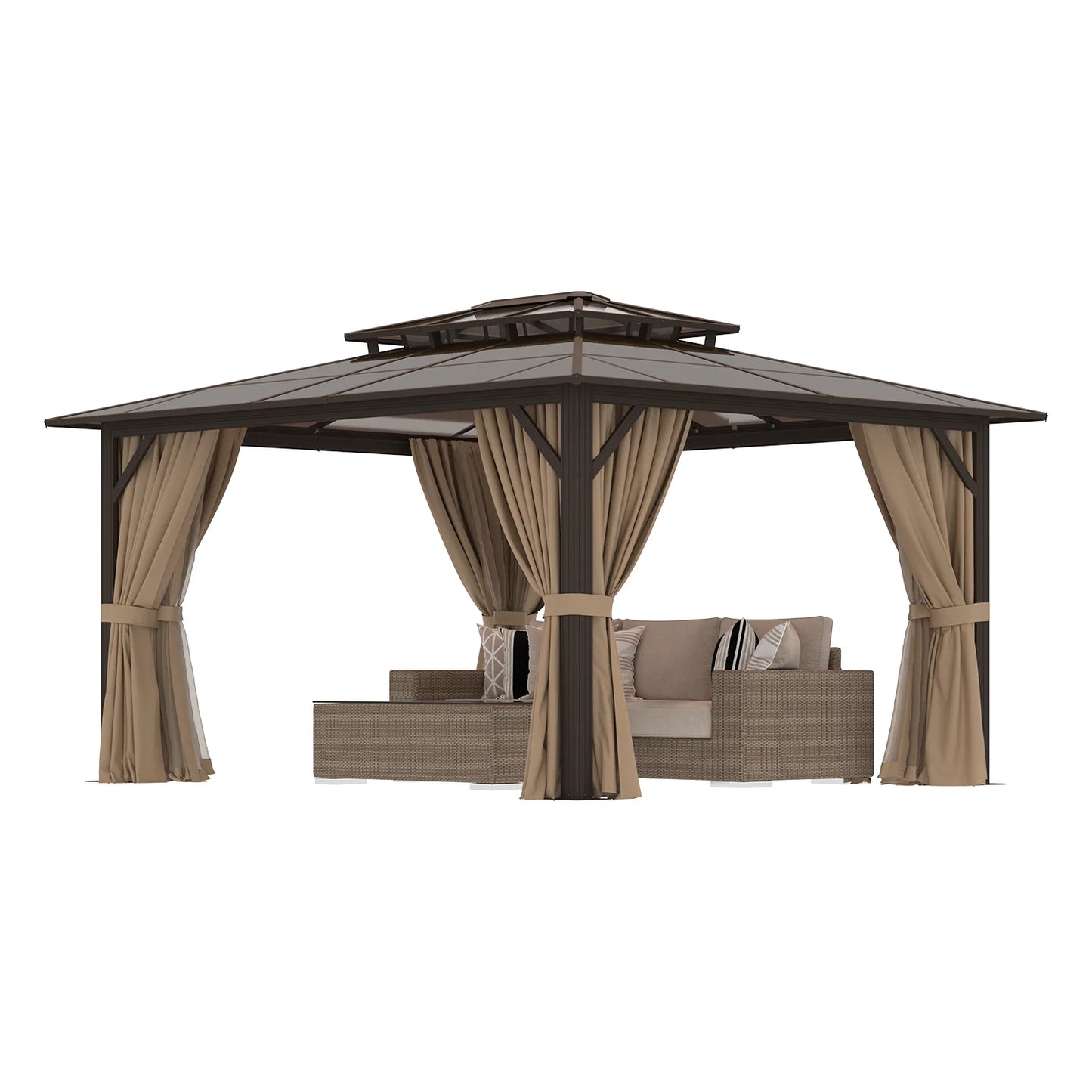 Sunmthink 12' x 14' Hardtop Gazebo,Polycarbonate Double Roof,Aluminum Frame with Curtains and Netting for Patio,Garden,Brown