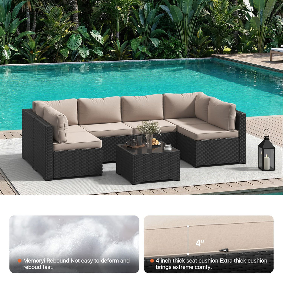 Dateyes 7-Piece Patio Furniture Set, All-Weather Wicker Rattan Outdoor Sectional Sofa Set with Coffee Table (Beige)