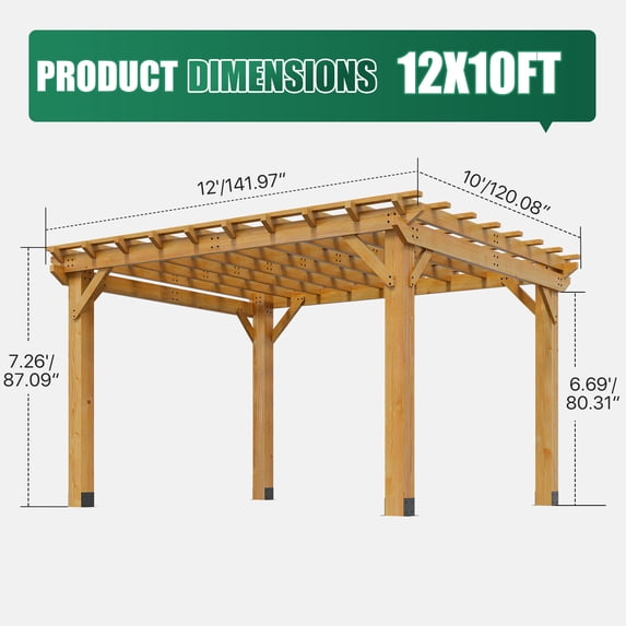 Sunmthink 10' x 12' Solid Cedar Outdoor Pergola, Tiered Lattice Canopy, Wind-Resistant up to 100 MPH, Natural Wood Finish for Patio, Deck, Lawn & Garden